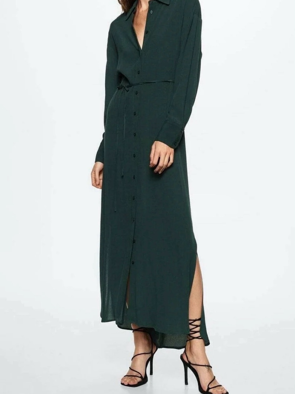 Mango Dark Green Long Button-Front Maxi Dress